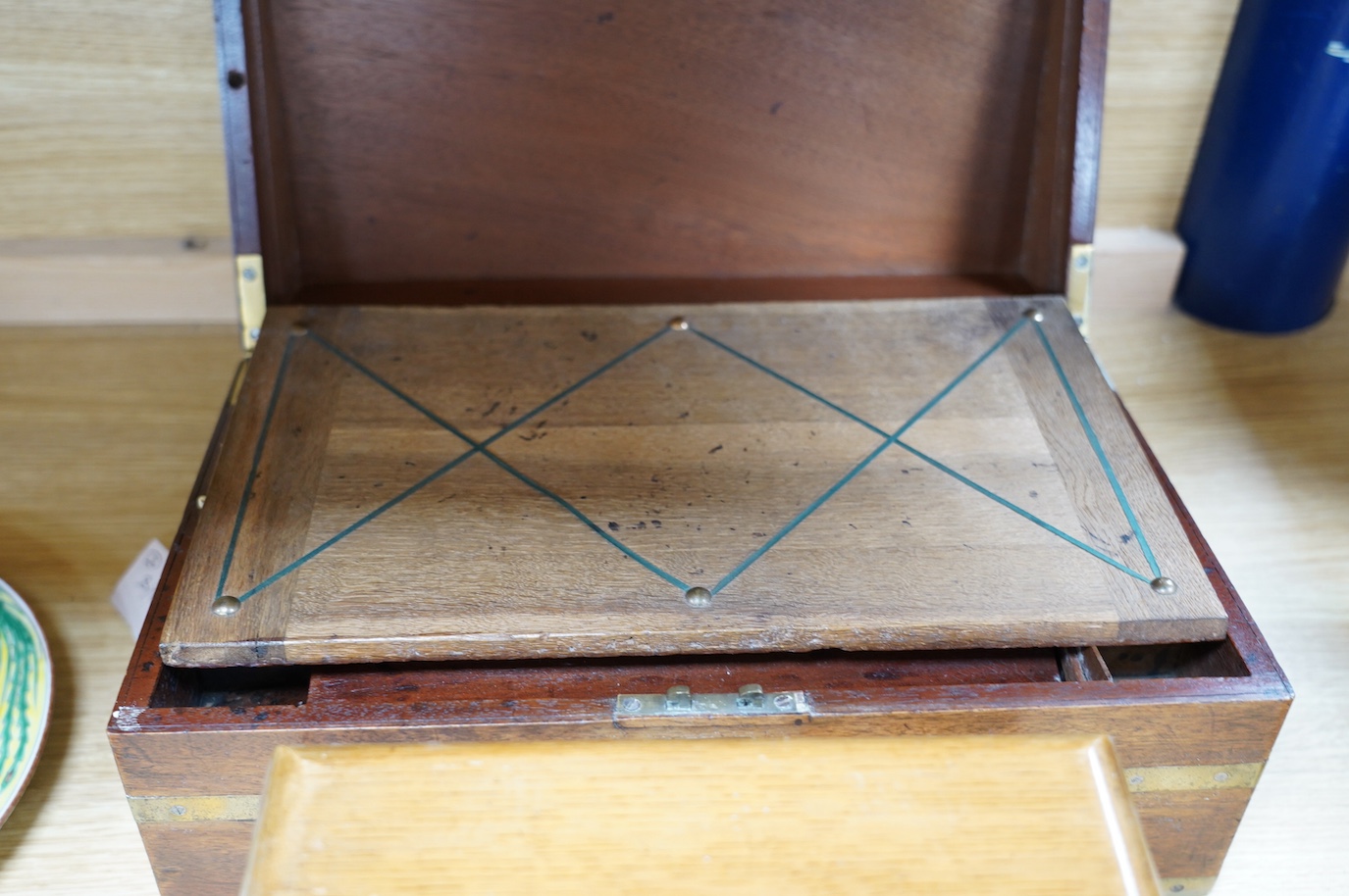 Five Victorian and later boxes to include a brass bound mahogany writing box and an inlaid work box, largest 40cm wide. Condition - poor to fair